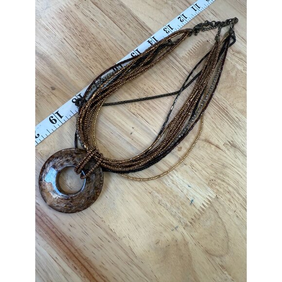 Cookie Lee Multi-Strand Brown Glass Bead Necklace W/ Acrylic Circle Pendant Boho - Picture 8 of 11